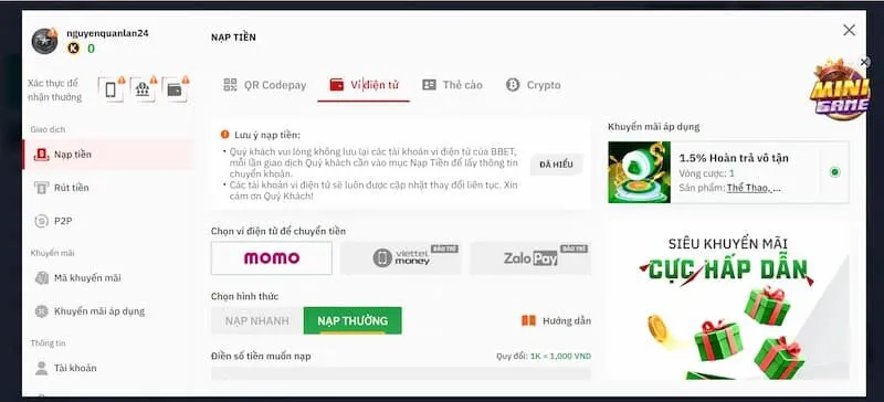 Các bước nạp tiền qua đại lý Bbet