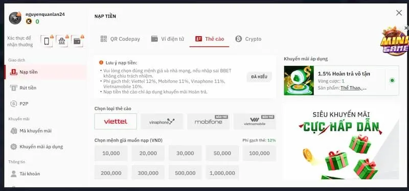 Nạp tiền bằng thẻ cào điện thoại siêu nhanh tại Bbet