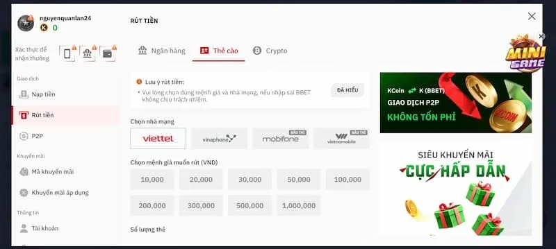 Rút tiền qua thẻ cào điện thoại tại Bbet